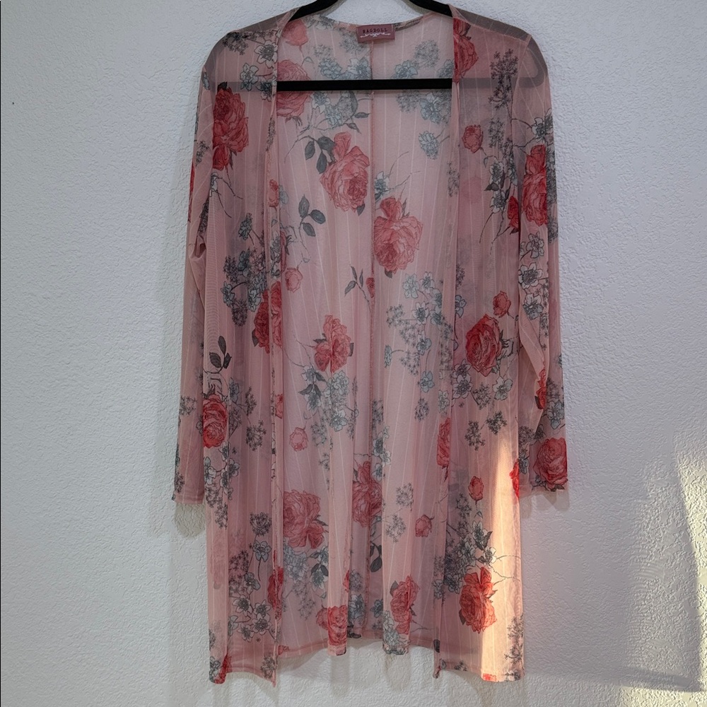 Ragdoll Pink and Gray Sheer kimono cardigan with floral print